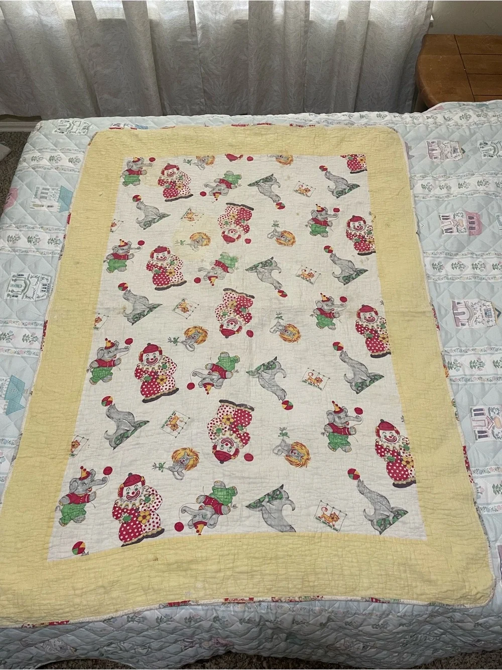 Vintage Clown & Animal Baby Quilt in Yellow Border